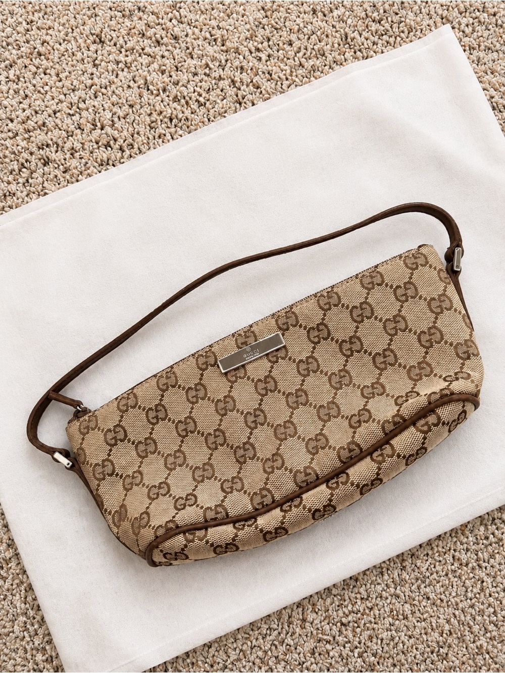 Gucci Brown Beige GG Canvas Shoulder Bag with Leather Trim